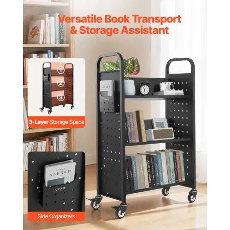 VEVOR rullende biblioteksbogsvogn, 150 kg Kapacitet, 77 x 38 x 122 cm biblioteksvogn, enkeltsidede V-formede hylder med 76,2 mm
