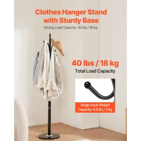 VEVOR Coat Rack Freestanding, Coats Tree Stand with Stable Marble Base & 6 Hooks, Free Standing Hall Coat Rack for Entryway, Bed