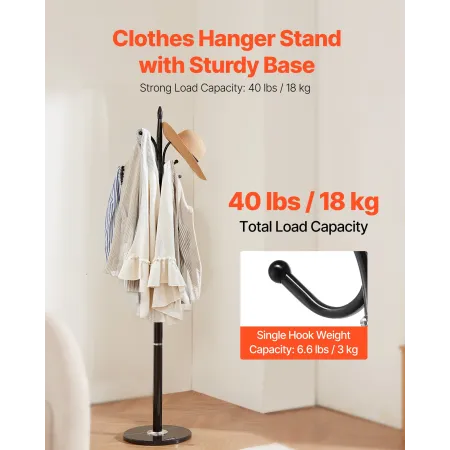 VEVOR knagerække fritstående, træstativ med stabil marmorbase og 6 kroge, fritstående hall knagerække til entré, seng