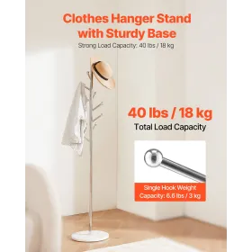 Coat Rack, Freestanding Coats Rack Stand with Stable Marble Base & 8 Hooks, Free Standing Hall Coat Tree for Entryway, Bedroom, 