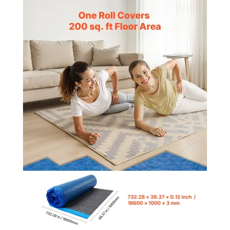 VEVOR Floor Underlayment 37.2 m², 3mm Laminate Flooring Padding with Attached Vapor Barrier, Heavy Duty Fiber+PE Film, Soundproo