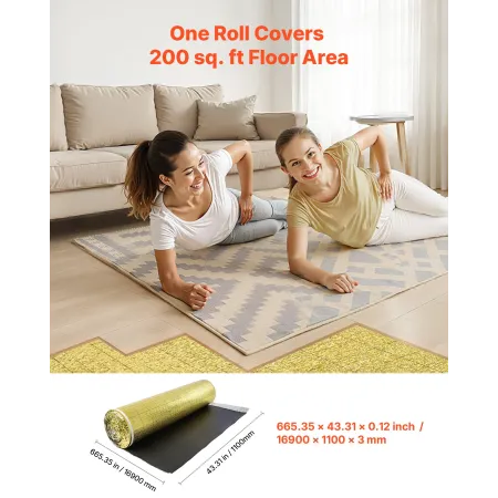 VEVOR Floor Underlayment 18.6 m²/Roll, 3 mm Thick Flooring Padding with Tape & Vapor Barrier, Heavy Duty EPE Foam with Gold PE, 