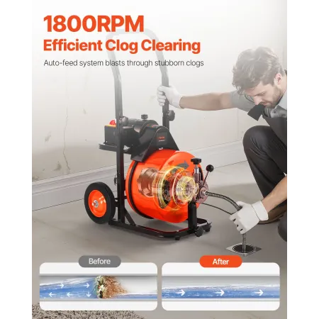 Drain Cleaner Machine Electric Drain Auger 75 FT x 1/2 In Auto Feed