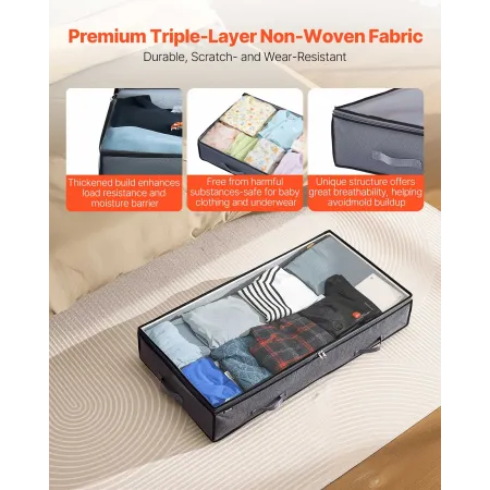 VEVOR Under Bed Storage with Clear Lids, 996 x 500 x 180 mm, 90L Large Underbed Clothes Storage Containers, Low Profile Under Be