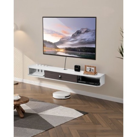 Floating TV Stand 55 in Entertainment Center Power with Cable Hole White