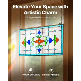 VEVOR Stained Glass Window Panel, 664 x 402 mm, Tiffany Style Hanging Transom Window Panel with Chain, Large Horizontal Rectangl