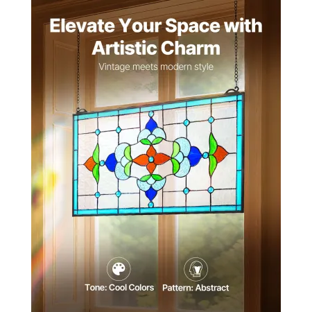 VEVOR Stained Glass Window Panel, 664 x 402 mm, Tiffany Style Hanging Transom Window Panel with Chain, Large Horizontal Rectangl