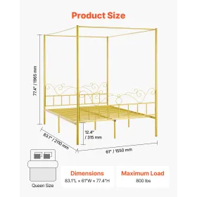 Queen Size Canopy Bed Frame, Metal Canopy Bed with Minimalist Headboard & Four Posters Design, Heavy Duty Steel Slats Support, U