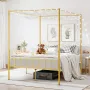Queen Size Canopy Bed Frame, Metal Canopy Bed with Minimalist Headboard & Four Posters Design, Heavy Duty Steel Slats Support, U