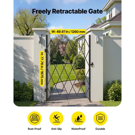 VEVOR Single Folding Security Gate, Lockable Scissor Gate with 360° Swivel Casters, Outdoor Barricade Steel Retractable Gates, f