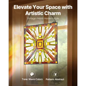 VEVOR Stained Glass Window Panel, 501 x 527 mm, Tiffany Style Hanging Transom Window Panel with Chain, Large Vertical Rectangle 