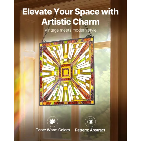 VEVOR Farvet glas vinduespanel, 501 x 527 mm, Tiffany Style hængende agterspejls vinduespanel med kæde, stort lodret rektangel