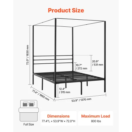 VEVOR Full Size Canopy Bed Frame, Metal Canopy Bed with Four Posters Design, Heavy Duty Steel Slats Support, Underbed Storage Sp