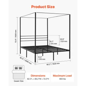 VEVOR Queen Size himmelsengsramme, metal himmelseng med fire plakaters design, Heavy Duty stållamellerstøtte,