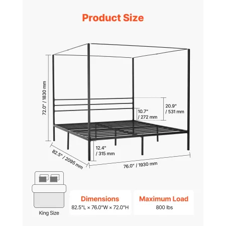 King Size Canopy Bed Frame, Metal Canopy Bed with Four Posters Design, Heavy Duty Steel Slats Support, Underbed Storage Space, N