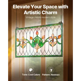 Stained Glass Window Panel, 810 x 433 mm, Tiffany Style Hanging Transom Window Panel with Chain, Large Horizontal Rectangle Stai