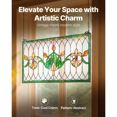 VEVOR Stained Glass Window Panel, 810 x 433 mm, Tiffany Style Hanging Transom Window Panel with Chain, Large Horizontal Rectangl