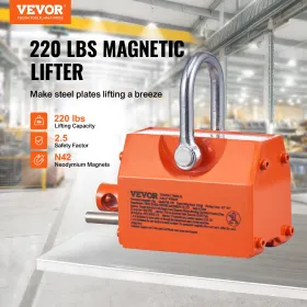 Magnetic Lifter, 220 lbs/100 kg Pulling Capacity, 2.5 Safety Factor, Neodymium & Steel, Lifting Magnet with Release, Permanent