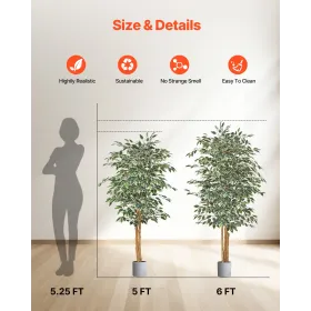 VEVOR 150 cm kunstigt ficustræ med sort potte, høj kunstig ficusplante med naturlig træstamme og realistiske grønne blade, Indo