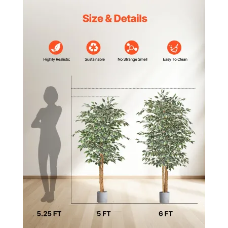 VEVOR 150cm Artificial Ficus Tree with Black Pot, Tall Faux Ficus Plant with Natural Wood Trunk and Realistic Green Leaves, Indo