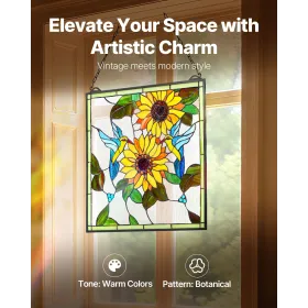 VEVOR Stained Glass Window Panel, 502 x 520 mm, Tiffany Style Hanging Transom Window Panel with Chain, Large Vertical Rectangle 