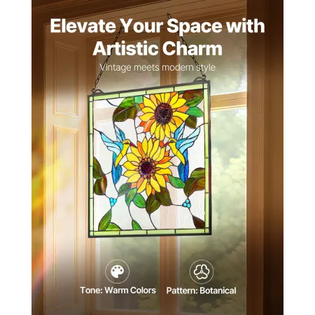 VEVOR Farvet glas vinduespanel, 502 x 520 mm, Tiffany Style hængende agterspejl vinduespanel med kæde, stort lodret rektangel