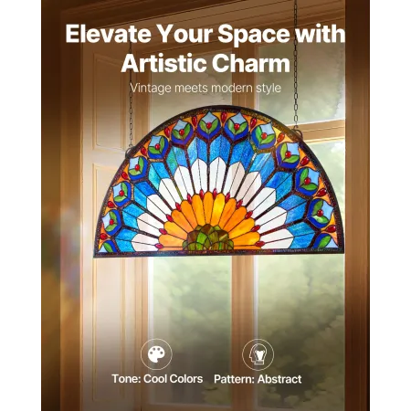 VEVOR Stained Glass Window Panel, 913 x 465 mm, Tiffany Style Hængende agterspejls vinduespanel med kæde, Stor halvrund bejdse