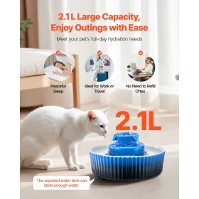 Ceramic Cat Water Fountain, 2.1 L Cupcake Pet Fountain, Porcelain Cat Water Dispenser with Ultra-Quiet Pump, 360° Drinking Area 