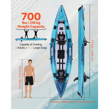 Inflatable Kayak, 2-Person Inflatable Recreational Kayak 318kg Capacity, Leak & Puncture-Resistant with Padded Seat, PVC Drop-St