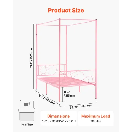 VEVOR Twin Size himmelseng, metal himmelseng med minimalistisk sengegavl og fire plakater design, Heavy Duty stållameller Suppo