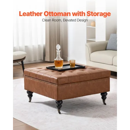 VEVOR 80 cm Square Leather Ottoman with Storage, Upholstered Tufted Button Coffee Table Ottoman with Castered Rolling Wheels, PU