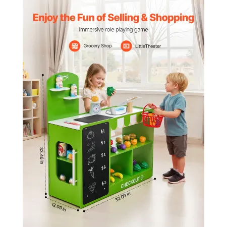 VEVOR Kids Grocery Store Playset, Wooden Play Market Stand with Shopping Bag, Kids Supermarket Pretend Play Store with Conveyor 