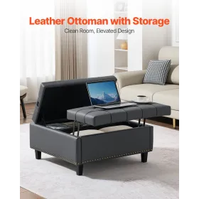 VEVOR 80 cm firkantet læderottoman med opbevaring, polstret sofabord med tuftet knap-somannisk med lift-top & flip-design, PU