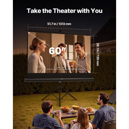 VEVOR Projector Screen with Stand, 60 Inch 160° Wide Angle Indoor Outdoor Projection Screen, 16:9 4K HD Wrinkleless Portable Tri