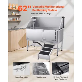 VEVOR Stainless Steel Dog Washing Station, 157.48 cm Pet Grooming Tub w/ Ramp, PE Water Filter Board, Faucet & Showerhead & Soap