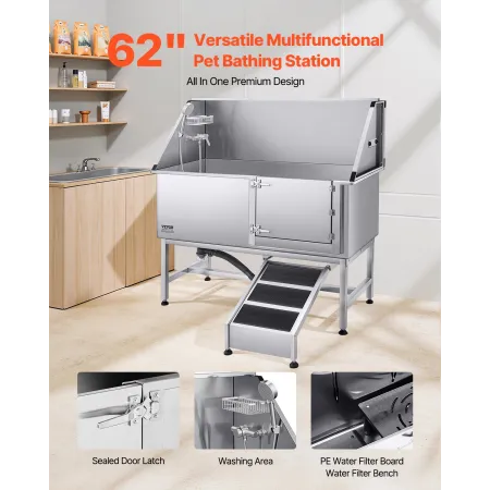 Stainless Steel Dog Washing Station, 157.48 cm Pet Grooming Tub w/ Ramp, PE Water Filter Board, Faucet & Showerhead & Soap Holde