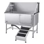 Stainless Steel Dog Washing Station, 157.48 cm Pet Grooming Tub w/ Ramp, PE Water Filter Board, Faucet & Showerhead & Soap Holde