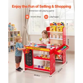 Kids Grocery Store Playset, Wooden Play Store with Shopping Bag, Kids Supermarket Pretend Play Toy Set with Conveyor Belt, Scann