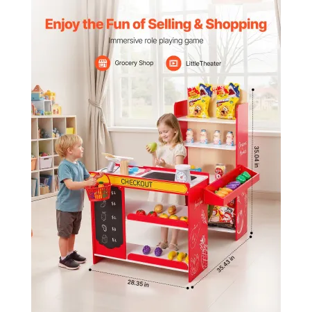 Kids Grocery Store Playset, Wooden Play Store with Shopping Bag, Kids Supermarket Pretend Play Toy Set with Conveyor Belt, Scann