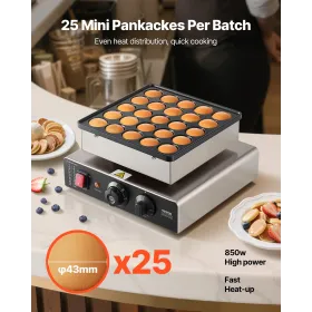 VEVOR Mini Pancake Maker, 25PCS 43mm Diameter Dutch Muffin Waffle Baker, Non-stick Stainless Steel Poffertjes Grill, Commercial 