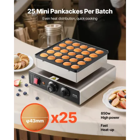 VEVOR Mini Pancake Maker, 25PCS 43mm Diameter Dutch Muffin Waffle Baker, Non-stick Stainless Steel Poffertjes Grill, Commercial 