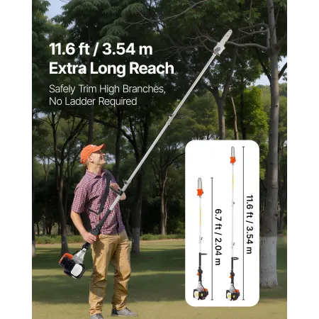 VEVOR Gas Pole Saw, 33CC 2 Stroke Gas Powered Pole Saws with 20.3 cm Cutting Bar, Cordless Tree Trimmer with 850ml Fuel Tank, 2 