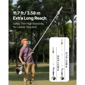 VEVOR Gas Pole Saw, 33CC 2 Stroke Gas Powered Pole Saws with 20.3 cm Cutting Bar, Cordless Tree Trimmer with 850ml Fuel Tank, 2.