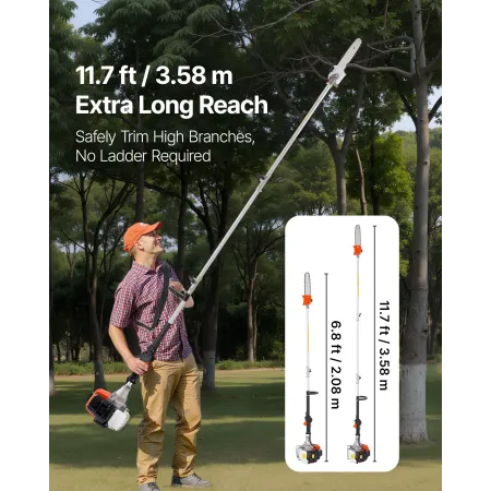 VEVOR Gas Pole Saw, 33CC 2 Stroke Gas Powered Pole Saws with 20.3 cm Cutting Bar, Cordless Tree Trimmer with 850ml Fuel Tank, 2.