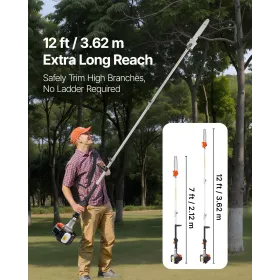 VEVOR Gas Pole Saw, 25CC 2 Stroke Gas Powered Pole Saws with 30.5 cm Cutting Bar, Cordless Tree Trimmer with 650ml Fuel Tank, 2.