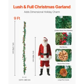 VEVOR Christmas Garland, 2750mm Artificial Christmas Garland with Light String, Faux Greenery Decoration with Berry Clusters, Pi