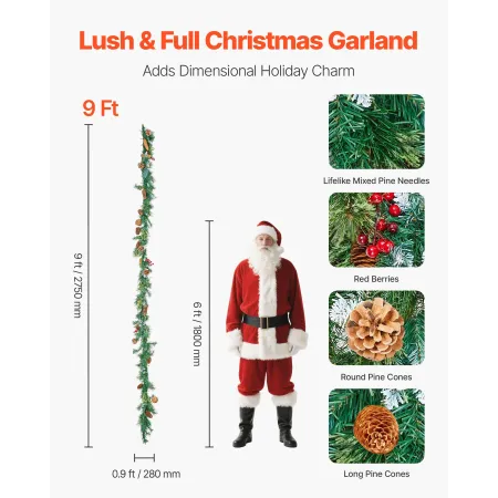Christmas Garland, 2750mm Artificial Christmas Garland with Light String, Faux Greenery Decoration with Berry Clusters, Pine Nee