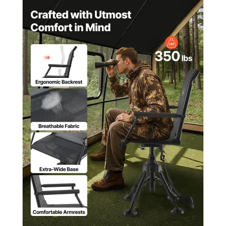 VEVOR Hunting Chair, 360° Silent Swivel, Foldbar Portable Blind Chair, Heavy Duty Stålramme Jordskammel Sæde med Armlæn,