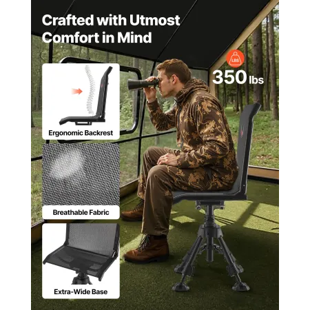 VEVOR Hunting Chair, 360° Silent Swivel, Foldable Portable Blind Chair, Heavy-Duty Steel Frame Ground Stool Seat with Anti-Sink 