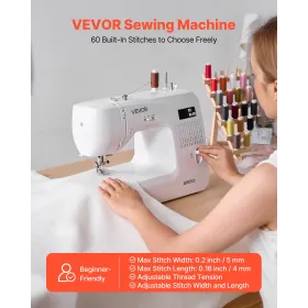 VEVOR Computerized Sewing Machine, 60 Stitch Applications, with LED Screen, Foot Pedal and LED Light, Heavy-Duty Metal Frame, Di